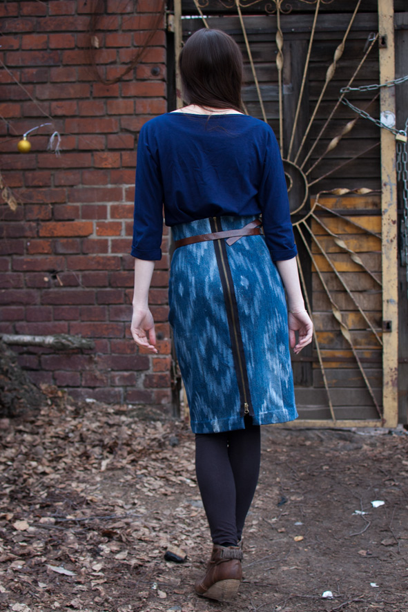 denim pencil skirt ikat pattern exposed zipper